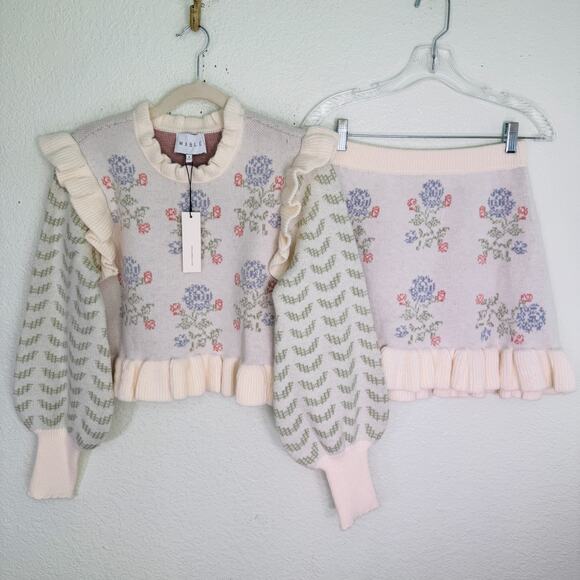 Mable Dresses & Skirts - Mable Sweater Skirt Set Women Small Claire Pastel Floral Knit Ruffle Cottagecore